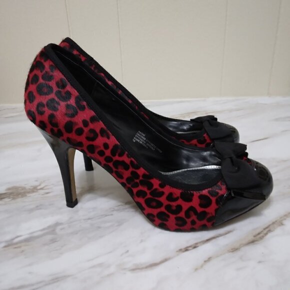 WHBM | NAOMI Red Black Leopard Print Calf Hair Heels | Size 7 - Picture 4 of 11